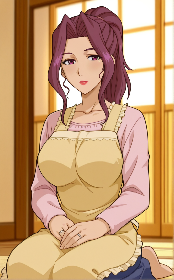 masterpiece, best quality, insaneres, absurdres,wariza, sitting, full body, looking at viewer, indoors, bokeh, negative space, <lora:ILLUSTXL_MistreatedBride_MitsukoTakayanagi_ownwaifu:1>, BREAK YellowApron_MitsukoTakayanagi_ownwaifu, 1girl, hair intakes, hair up, lipstick, long hair, makeup, pink shirt, ponytail, purple eyes, purple hair, sidelocks, yellow apron, mature female, long sleeves, frills, collarbone, red lips, large breasts, eyelashes, wedding ring,
