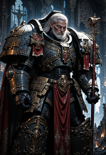 Highly detailed and realistic fantasy character in a dramatic shot. Epic cinematic depiction of a very old Paladin in full GreyK40k power armor. He is bearded and his hair is going grey.  <lora:FluxGreyK40k:1>  <lora:FluxMythP0rtr4itStyle:0.6> <lora:flux.1_lora_flyway_Epic-Characters_v1:0.6> <lora:Elden_Ring_-_Yoshitaka_Amano:0.33>