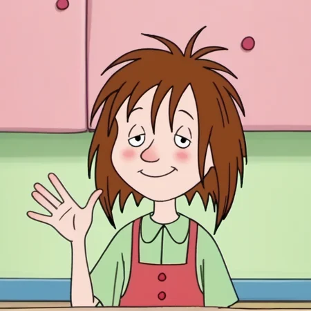 score_9, 1girl, solo, llhh1, brown hair, short hair, green shirt, sleepy smile, half closed eyes, blush, waving at viewer, upper body, <lora:llhh1:1>,