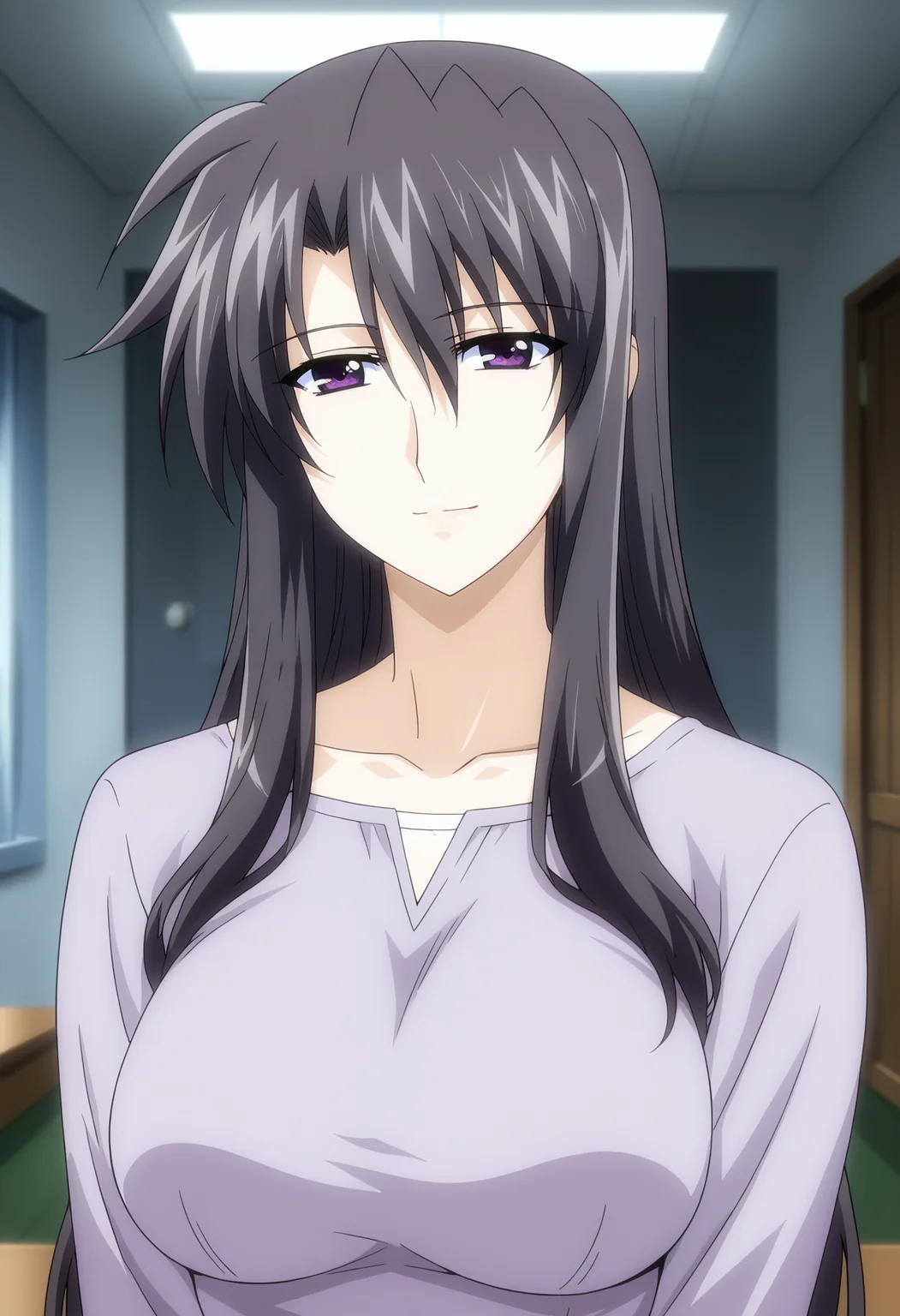 <lora:Precia_Testarossa-Mahou_Shoujo_Lyrical_Nanoha:0.9>,Precia Testarossa,mature female,1girl,solo,long hair,black hair,purple eyes,large breasts,shirt,upper body,looking at viewer,indoors,smile
