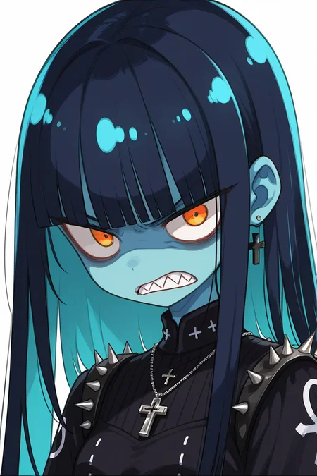masterpiece, best quality, <lora:Style55IXL_v5:1.0>, 1girl, solo, long hair, looking at viewer, bangs, simple background, black hair, white background, jewelry, blue hair, yellow eyes, upper body, multicolored hair, teeth, blunt bangs, two-tone hair, orange eyes, colored skin, cross, sharp teeth, clenched teeth, angry, spikes, colored inner hair, blue skin, cross necklace, sanpaku, glaring