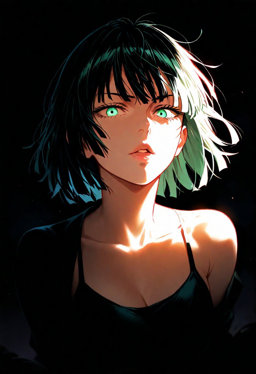 1boy, fubuki from one punch man, lips, thin lips, parted lips, solo, looking at viewer, camisole, upper body, dark, underlightling, masterpiece, best quality, very aesthetic