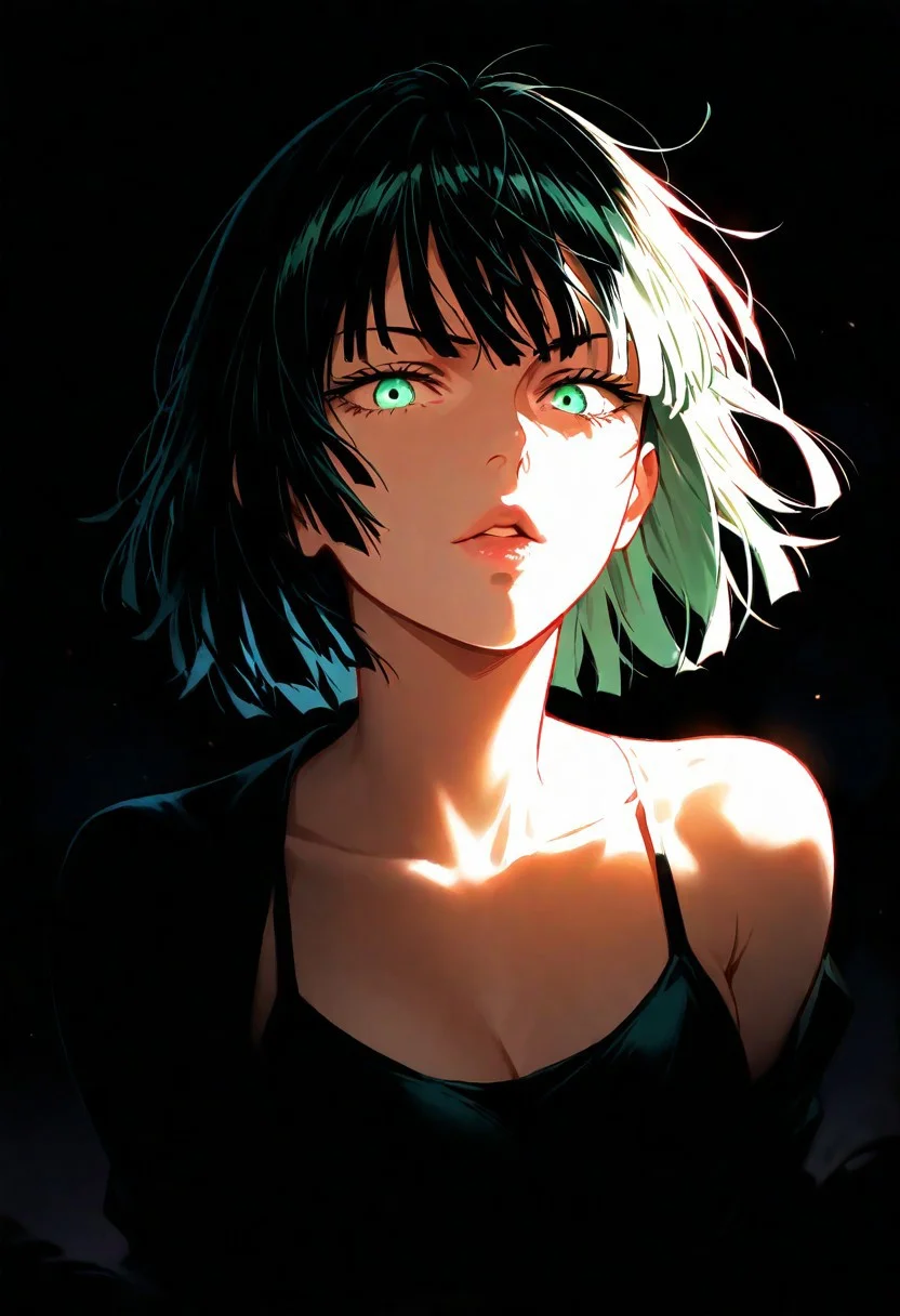 1boy, fubuki from one punch man, lips, thin lips, parted lips, solo, looking at viewer, camisole, upper body, dark, underlightling, masterpiece, best quality, very aesthetic