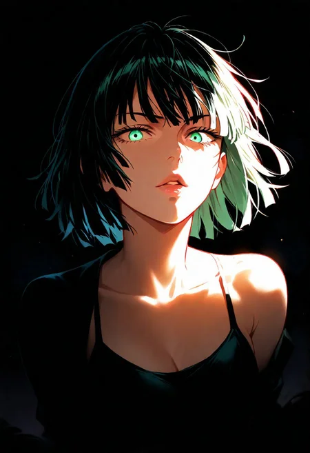 1boy, fubuki from one punch man, lips, thin lips, parted lips, solo, looking at viewer, camisole, upper body, dark, underlightling, masterpiece, best quality, very aesthetic