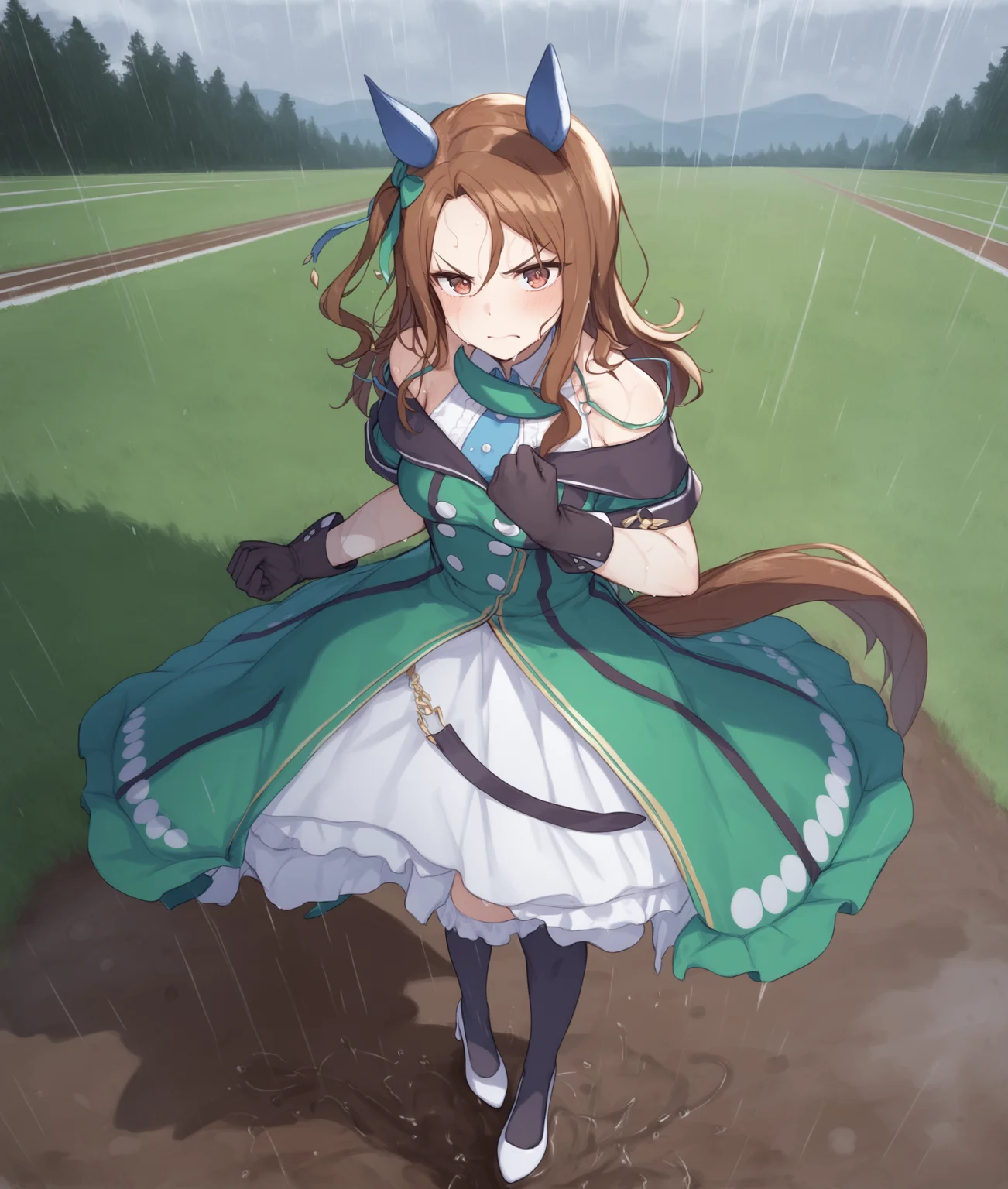score_9, score_8_up, score_7_up BREAK
grassland, racing, (rain, unwilling, angry, dirty, wet, dark), perspective, dynamic pose,
shobufuku, 1girl, solo, long hair, looking at viewer, blush, bangs, brown hair, red eyes, gloves, dress, animal ears, bare shoulders, brown eyes, closed mouth, standing, tail, full body, pantyhose, sweat, black gloves, off shoulder, high heels, black pantyhose, white footwear, horse ears, horse girl, horse tail, green dress, off-shoulder dress, ear covers, single clenched hand,
<lora:King Halo-ponyXL:1>,