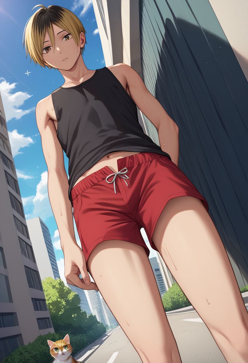 score_9, score_8_up, score_7_up, (1boy, solo), male focus, (slim), kenma, blonde hair, multicolored hair, two-tone hair, black hair, brown eyes, bangs, clavicles, black shirt, tank top, sleeveless, red shorts, short shorts, derpibooru_p_95, detailed eyes, Dutch angle, looking down at viewer, rating_explicit, yaoi, sexually suggestive, intricate detail, masterpiece, best quality, best aesthetic, short height, petite, otoko no ko, source_anime, bare legs, thick thighs, from below, cat, outdoors, city, sidewalk, Japan, Tokyo, cherry blossom, tired, exhausted, sweat,wiping sweat, pulled shirt, navel,