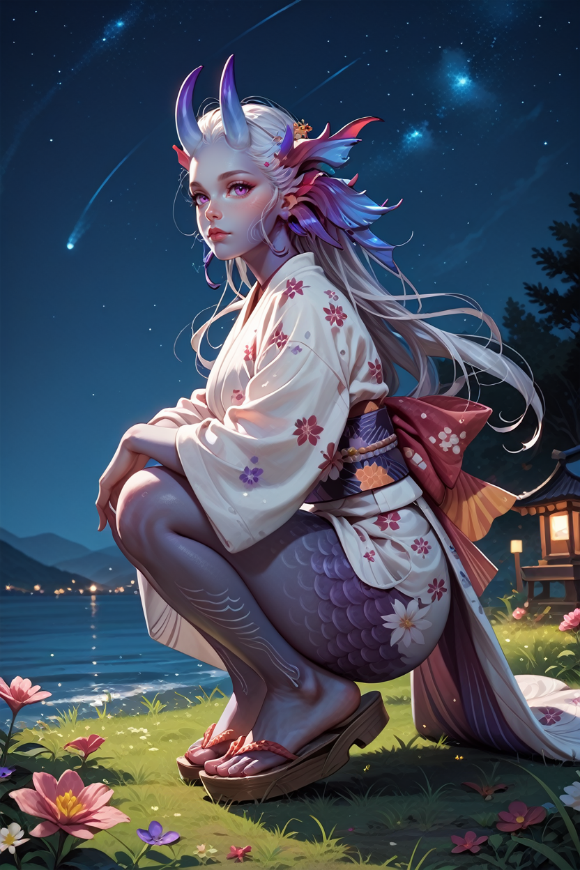 score_9, score_8_up, score_7_up, score_6_up
<lora:FGirl:0.8>
FGirl, 1girl, purple eyes, colored skin, horns, mermaid, looking at viewer, night, grass, squatting, yukata, japanese clothes, floral print, obi, from side, looking at viewer, sandals, star \(sky\)