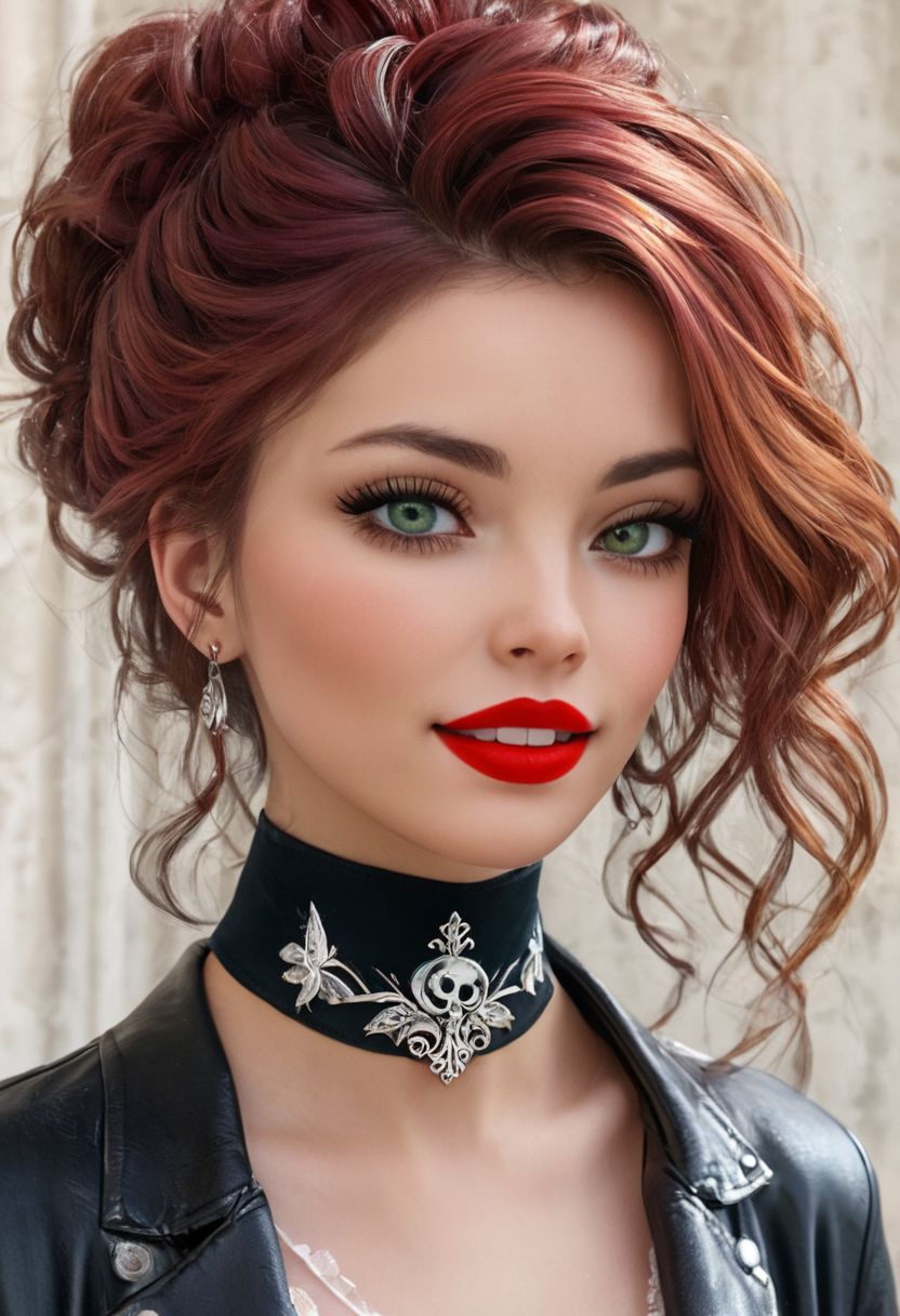 triadic colors,  luminism, vibrant colors, complex background, Louis Royo's works, watercolor painting, Konstantin Razumov's style, High detail,  35mm photograph, film, bokeh, professional, 4k, highly detailed dynamic lighting, photorealistic, 8k, raw, rich, intricate details, body view, beautiful ginger haired, wavy hair, raw photo, smiling, happy face, realistic face, more detail, standing in a animated comercial street, messy hair, red lipstick, black eyeliner, shiny loop earing, add detail, realistic, beautiful eyes, green eyes, eyes light reflection, black inked dragon tattoo on leg, black leather jacket, black leather choker, white skull front of choker, 20 yo, breast cleavage, mini skirt, ripped pantyhose, fcNeg, flowing locks, Skin Details, Cinematic, crop-top, busty, deep neckline shirt