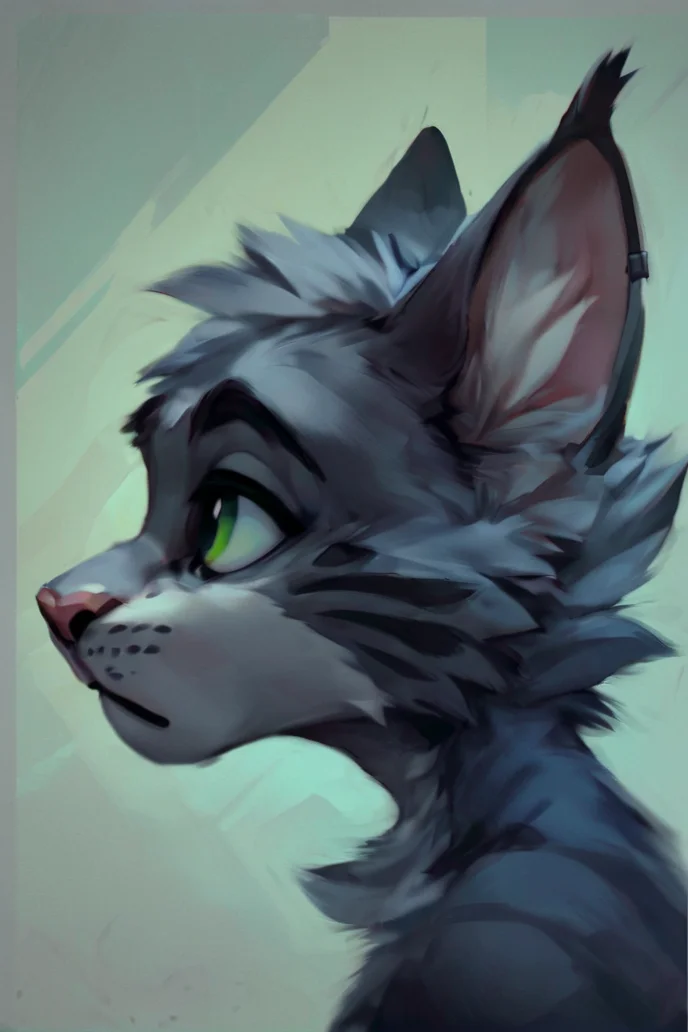 source_furry, profile pic, adult mainecoon cat with grey and black fur, looking to the side, ear top tips , green eyes, <lora:Furry Style Pony Edition :0.7>, score_9, score_8_up, score_7_up,