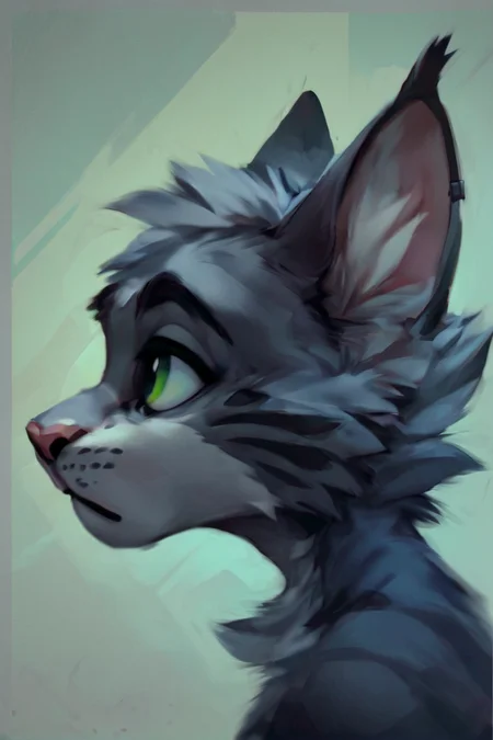 source_furry, profile pic, adult mainecoon cat with grey and black fur, looking to the side, ear top tips , green eyes, <lora:Furry Style Pony Edition :0.7>, score_9, score_8_up, score_7_up,
