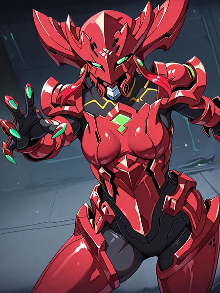 (masterpiece, very aesthetic, absurdres, best quality, high quality, cinematic shadow:1.4), body blush,character focus,perfect hands,medium breasts,sidelocks, cowboy shot, <lora:HandFixer_pdxl_Incrs_v1:1> handfixer,looking at viewer,<lora:StS-Illustrious-Detail-Slider-v1.0:4>, ,, <lora:eyelashext_v10:1>, <lora:rouge:1>, rouge,rougeGladiator,armor,helmet,robot, robot girl,green eyes,no pupils, no humans,multicolored,neon trim,shoulder armor,claws,green nails,dynamic pose, dynamic angle, dynamic pov, solo,,