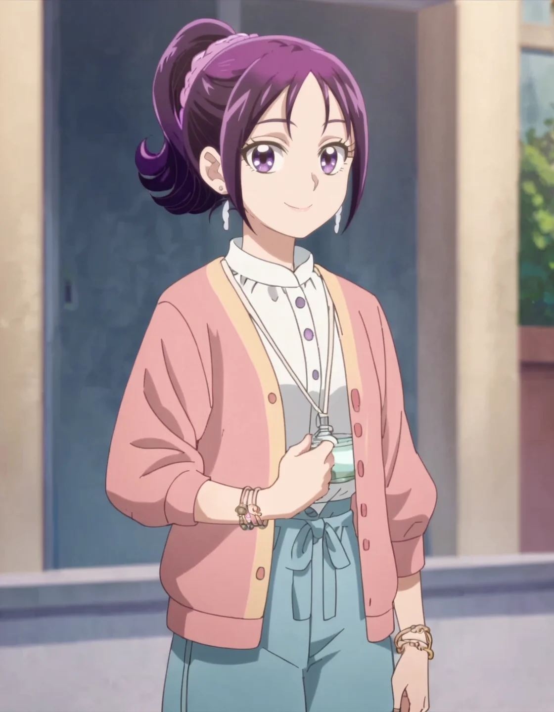 sscore_9, score_8_up, score_7_up, 1girl, solo, anime screencap, 1girl, solo,mishoumai,  smile, looking at viewer, jewelry, cardigan, shirt, bracelet, pink cardigan, white shirt, closed mouth, cowboy shot<lora:mishoumai:0.8>