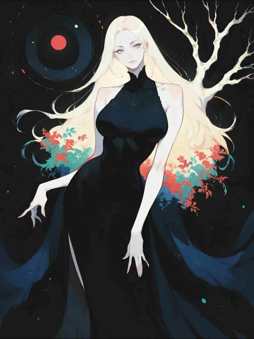 score_9, score_8_up, score_7_up, score_6_up, score_5_up,    <lora:watXLP:0.7> wat, 1girl, solo, black background, blue eyes, white skin, looking at viewer, tree, abstract, curvy, starry sky, long hair, black dress