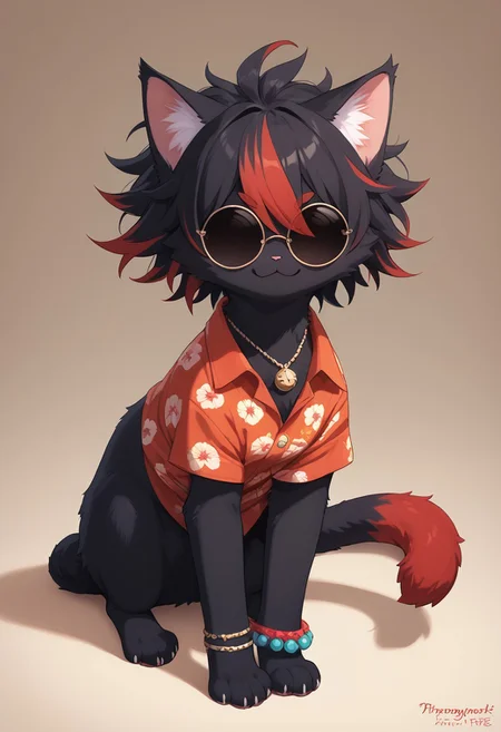 (score_9, score_8_up), score_7_up, score_6_up, best quality, highest quality, (feral), cat, animal focus, furry, female, (solo), full body, official style, (body fur), (black body, black fur, red fur), (black hair, red hair, streaked hair), (messy hair, spiked hair, highlights), cat ears, animal nose, tinted eyewear, round eyewear, hidden eyes, smirk, red markings, red stripes, necklace, hawaiian shirt, bracelet, paws, cat tail, clothed feral, no humans,