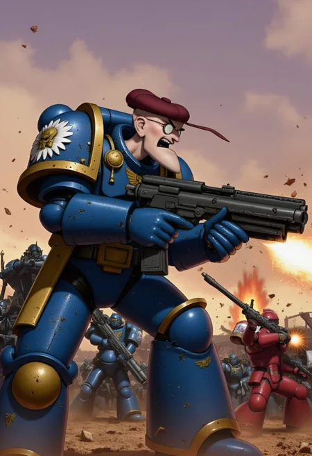 A **highly detailed** semi-realistic **anime-style** digital painting of an Ultramarine space marine in full, detailed power armor, featuring the distinctive blue and gold color scheme and the Ultramarine chapter emblem on the shoulder pads. The marine is in the middle of a battle, firing a heavy bolter with both hands. His head is replaced by the character Eustace Bagge, who is laughing like Villain,  from Courage the Cowardly Dog, with his classic annoyed expression, glasses, and small brown hat. The marine is yelling fiercely as he shoots, and the scene is set in a chaotic battlefield with explosions and gunfire in the background