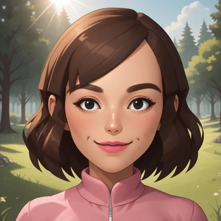 score_9, score_8, BREAK, solo, mii, wii u, female mii, 1girl, wii sports club, mature woman, brown hair, blush, black eyes, pink lips, lipstick, pink clothing, black pants, shoes, Masako_(\Wii_Sports_Club\), cute, medium breasts, Nintendo Mii, modern_mii, classic_mii, facial feature, sexy pose, smile, outdoors, sunlight, shadows, evening lighting, natural lighting, forest, trees, grass, orange sky, sunset