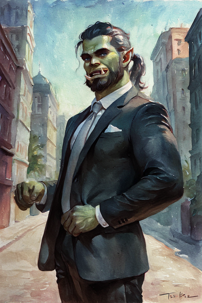 masterpiece, best quality, highres, newest, traditional media, realistic, watercolor \(medium\), orc, green skin, tusks, facial hair, beard, mustache, medium hair, black hair, hair slicked back, ponytail, blue eyes, formal, black suit, suit, white shirt, collared shirt, grey necktie, long sleeves, black pants, muscular, 1boy, solo, male focus, mature male, smile, looking at viewer, cowboy shot, standing, outdoors, city, building <lora:Green Patina [LoRA] - NoobAI-XL EPS 1.0:0.8>