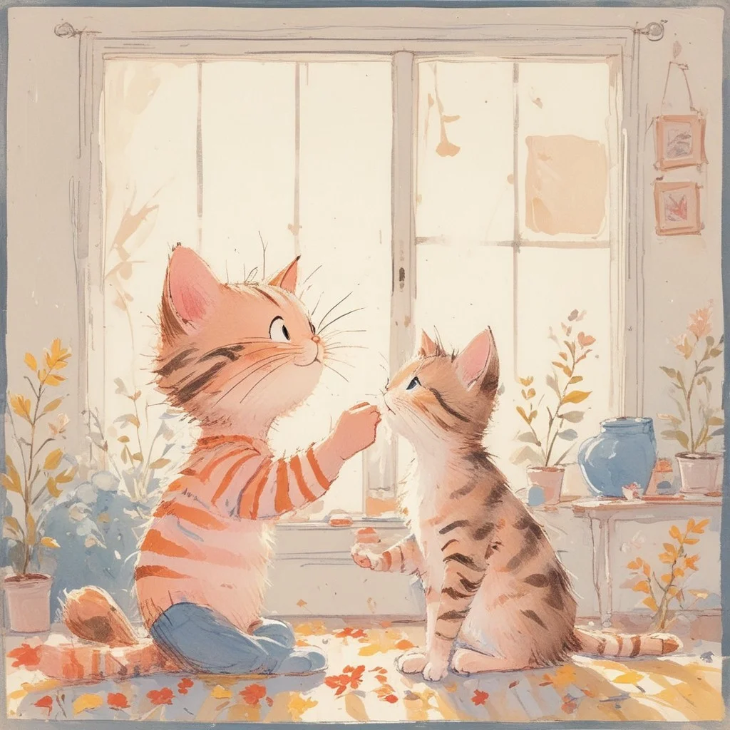 In a whimsical scene, pleasantly warm, narrative film, an orange-striped kitty with striking blue eyes is playing with a little girl with a curious expression, the little girl is offerring a toy, and the kitty is rising to catch it. The scene is set in a cozy living room, bathed in warm, soft light.