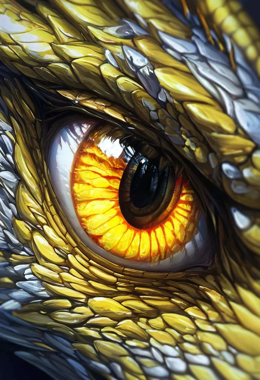 masterpiece, super detailed solo eye of a dragon,close up view of eye, yellow iris, intricate detail, eye focus, dragon eye, reflection, no humans, solo, glowing eyes,