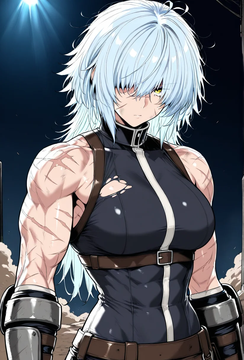 (masterpiece, best quality, ultra-detailed:1.4),
solo,1girl, (light blue hair:1.3), short messy hair, bangs,
(yellow eyes:1.5), (battle-worn expression:1.3), (scar over one eye:1.5), (intimidating aura:1.3),
(hair covering one eye:1.5), (bangs covering left eye:1.4), (left eye obscured by hair:1.4), (hair over eye:1.3),
(battle-hardened:1.4), (war veteran:1.3), (many scars:1.3), (visible wounds:1.2), (weathered face:1.2), (dirt and grime:1.2),
(toned arms:0.6), (muscle tension visible:0.3), (slim but athletic build:1.1), (strong female warrior:1.1), mercenary warrior
(dynamic lighting:1.3), (gritty, rough textures:1.2)
looking at viewer, (hair slightly messy:1.2), (torn and worn-out fighter outfit:1.2),
<lora:VioletV2:1>