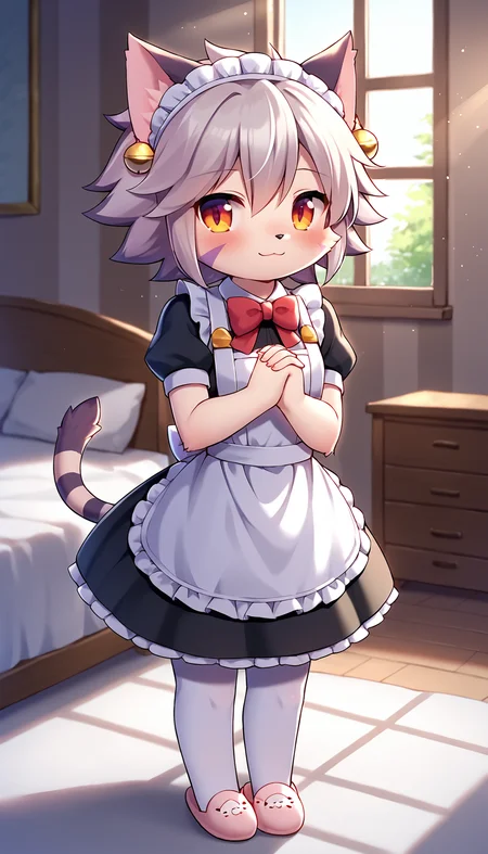 score_9, score_8_up, score_7_up, source_anime
BREAK
<lora:ElhPDXL:1> elh, 1girl, solo, furry female, cat girl, standing, full body, (chibi:0.8), looking at viewer, smile, blush, nervous, cute, own hands together, interlocked fingers, body fur, red eyes, orange eyes, body fur, cat ears, white hair, short hair, shiny hair, earrings, facial mark, animal nose, striped tail, maid, enmaided, maid dress, maid headdress, frills, puffy short sleeves, maid apron, bowtie, slippers, thighhighs, zettai ryouiki, detailed background, bedroom, bed, furniture, window, light rays, sunlight