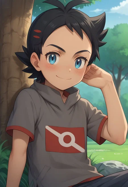 score_9, score_8_up, source_anime, highly detailed, 1boy, solo, skinny, human child,
go2, blue eyes, smile, male focus, closed mouth, tree, shirt, short sleeves, black hair, grey shirt, eyelashes, blush, smile, hand behind head,
outdoor, sit, rocks,