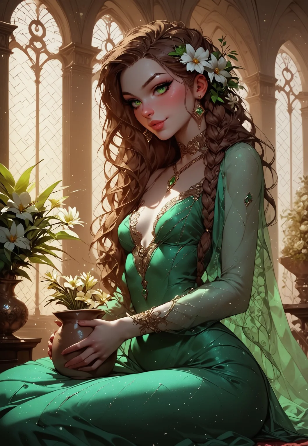 safe_pos, safe_pos, score_9, score_8_up, score_7_up, score_6_up, score_5_up, score_4_up, human female, girl, short, beautiful, seductive, white skin, curvy, hourglass figure, wide hips, small breasts, perky breasts, chocolate brown hair, long hair, braided hair, side braid, emerald eyes, round eyes, big mouth, filled lips, small ears, round ears, round face, snub nose, beautiful face, aesthetic face, bronze jewelry, emerald jewelry, emerald wrap dress, bronze silk dress, friendly, naughty, mischievous, friendly smile, sitting on bed, holding pot of flower on lap, holding pot of flower with both hands, big flower, beautiful white flower, luxurious brothel, brothel room, golden and green decorations in background, emerald carpet, bronze furnitures, green plants in the background, bronze columns in background, decorated window in background, artistic background Expressiveh, g0th1c