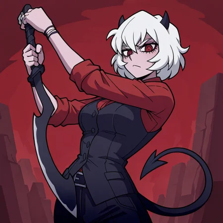masterpiece, best quality, newest, absurdres, highres, anime, anime style, holding sword, holding weapon, holding, KHV1.0, khopesh, sword, weapon, 1girl, malina \(helltaker\), demon girl, short hair, white hair, horns, demon tail,