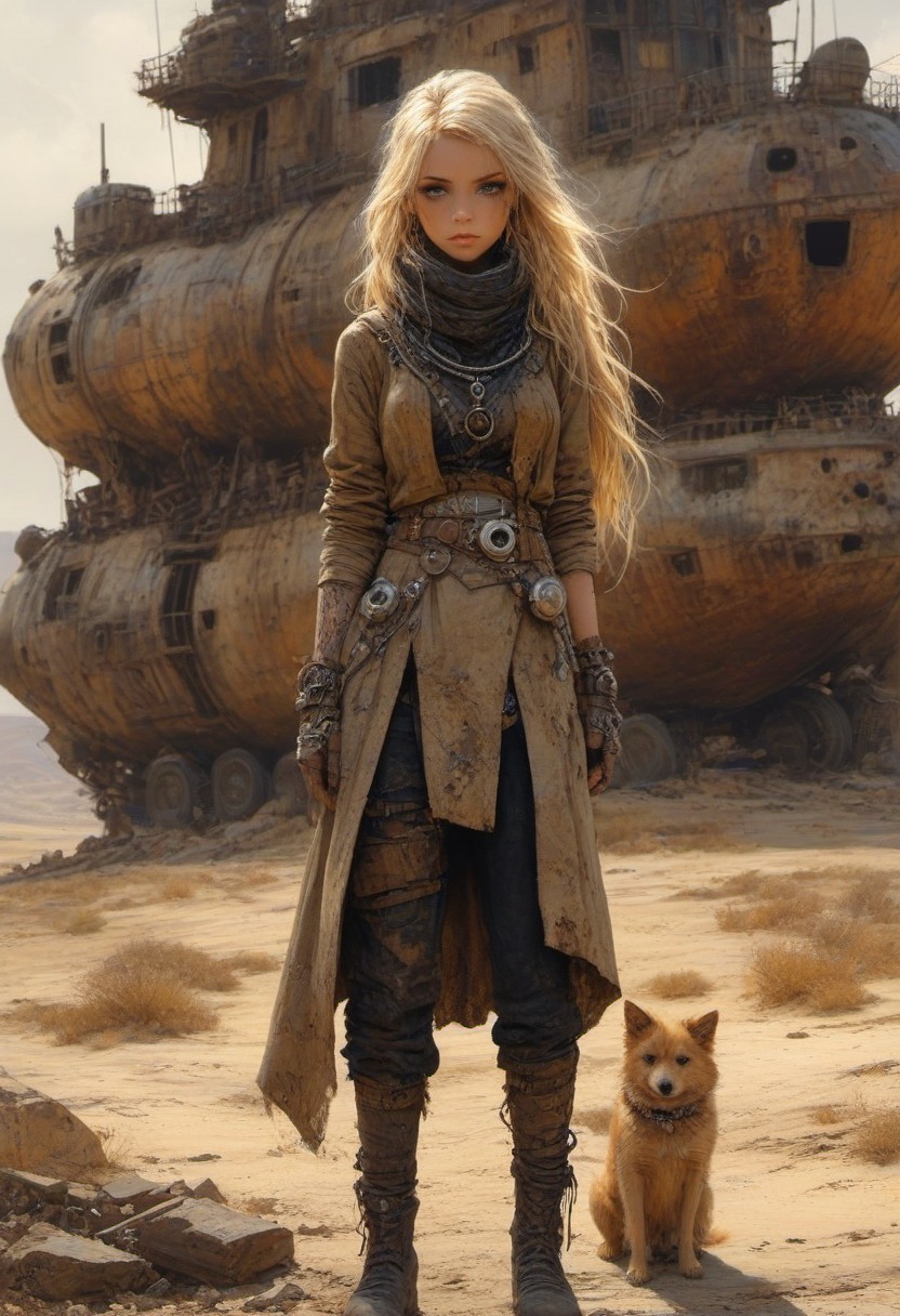 Dry riverbeds with rusting boats stand as silent monuments in a beautiful blonde, cybergoth fashion dog, accounts for a small part of the picture,   Olivia De Berardinis style, alberto Vargas style,   8k. The composition includes overlapping circles, sharp-edged polygons, and fluid lines, all interwoven to create a sense of rhythm and flow.