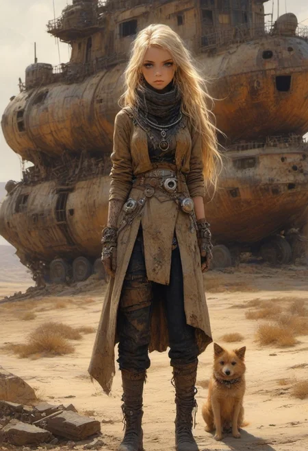 Dry riverbeds with rusting boats stand as silent monuments in a beautiful blonde, cybergoth fashion dog, accounts for a small part of the picture,   Olivia De Berardinis style, alberto Vargas style,   8k. The composition includes overlapping circles, sharp-edged polygons, and fluid lines, all interwoven to create a sense of rhythm and flow.
