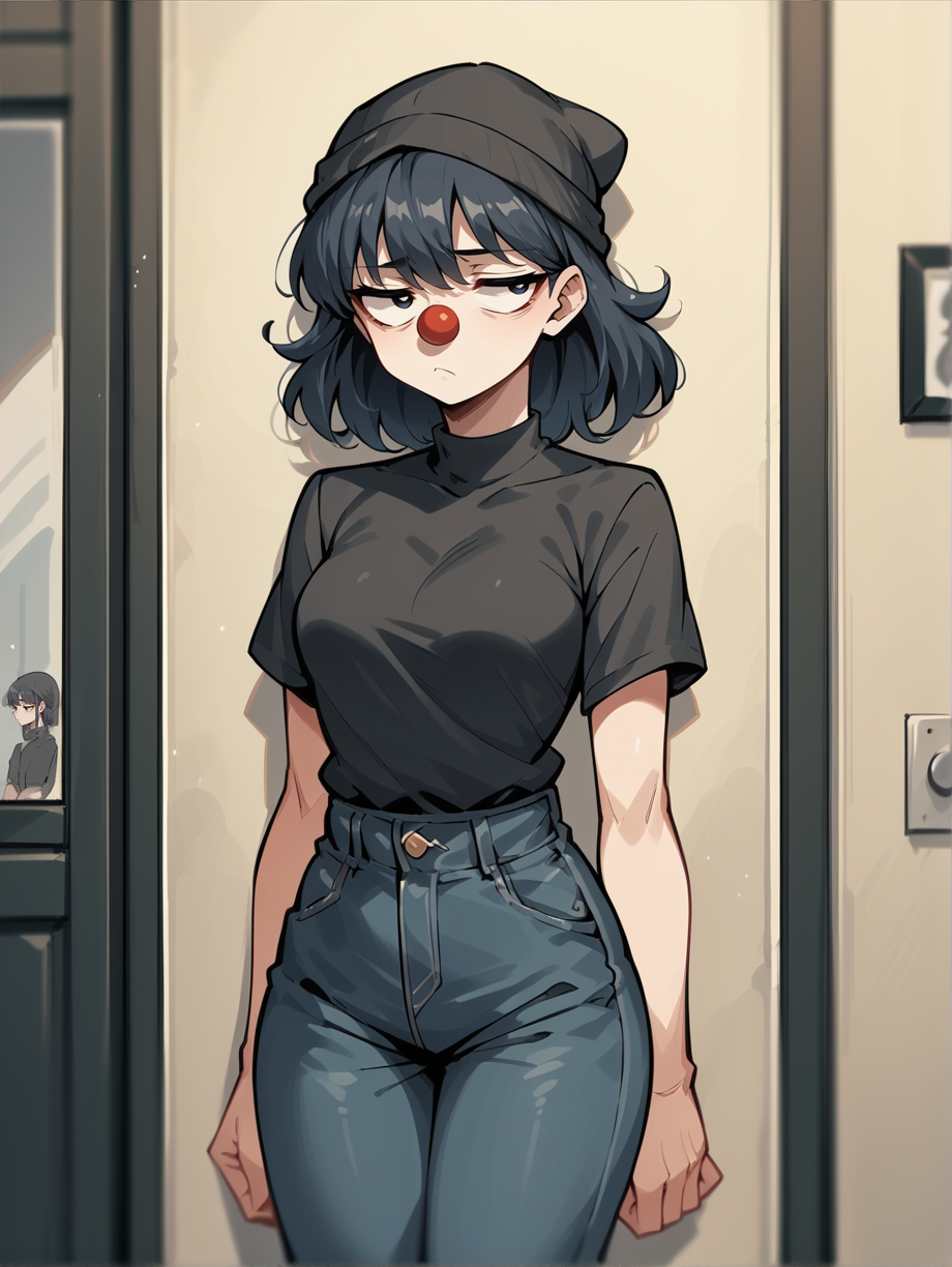 Be1nn1e, black cloth, 1girl, bored, black clothes, jeans, score_9, score_8_up, score_7_up, score_6_up, score_5_up, <lora:BeannieXL-10:1>, source_anime, partially colored, photo background,