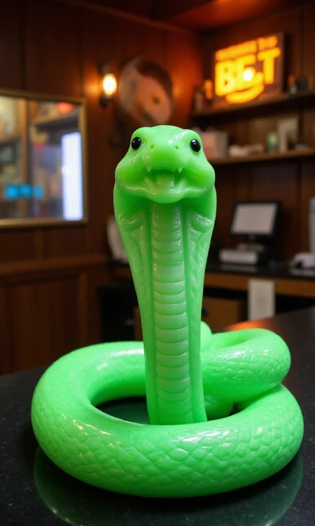 jade_snake, shebaaobao, neouv, cartoon snake made out of glowing illuminated iridescent jade ready to bite somebody on the counter of a pawn shop in New York City <lora:jadesnakeflux-000001.safetensors:1.0> <lora:shebaobao_flux_snake_Cartoon_v2.safetensors:0.3> <lora:neouv_flux_03.safetensors:1.0>