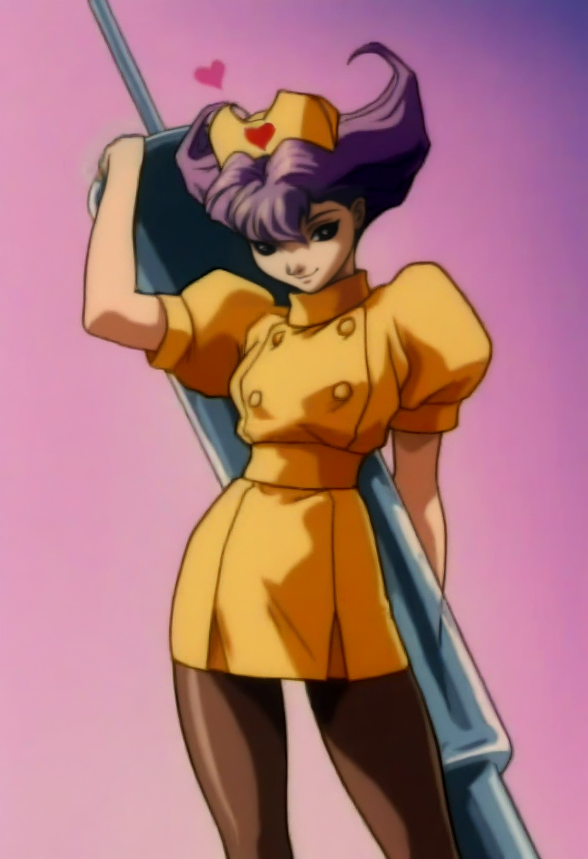 masterpiece, best quality, solo, 1girl, smile, looking at viewer, <lora:Darkstalkers-Ova-illus_Fp:1>, 1990s \(style\), retro artstyle, <lora:Qbee-illus_Fp:1>, qbee, purple hair, nurse, nurse cap, pantyhose, huge syringe, yellow uniform, heart, leaning on object,