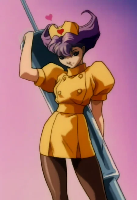 masterpiece, best quality, solo, 1girl, smile, looking at viewer, <lora:Darkstalkers-Ova-illus_Fp:1>, 1990s \(style\), retro artstyle, <lora:Qbee-illus_Fp:1>, qbee, purple hair, nurse, nurse cap, pantyhose, huge syringe, yellow uniform, heart, leaning on object,