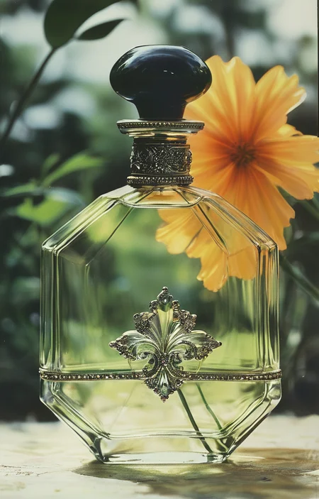 masterpiece,best quality,<lora:tbh316-sdxl:0.9>,illustration,style of Bill Blass A bottle of perfume in garden