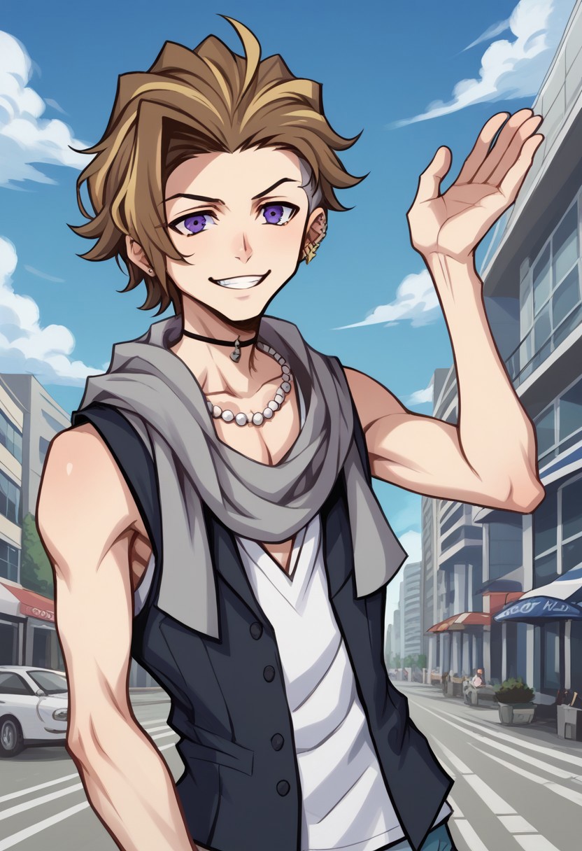 score_9, score_8_up, score_7_up, source_anime, highly detailed, 
tosaifret, 1boy, male focus, solo, brown hair, blonde hair, multicolored hair, purple eyes, earrings, piercing, ear piercing, scarf, vest, white shirt, sleeveless, jewelry, necklace, upper body, looking at viewer, smile, grin,
outdoor, sky, cloud, building, street