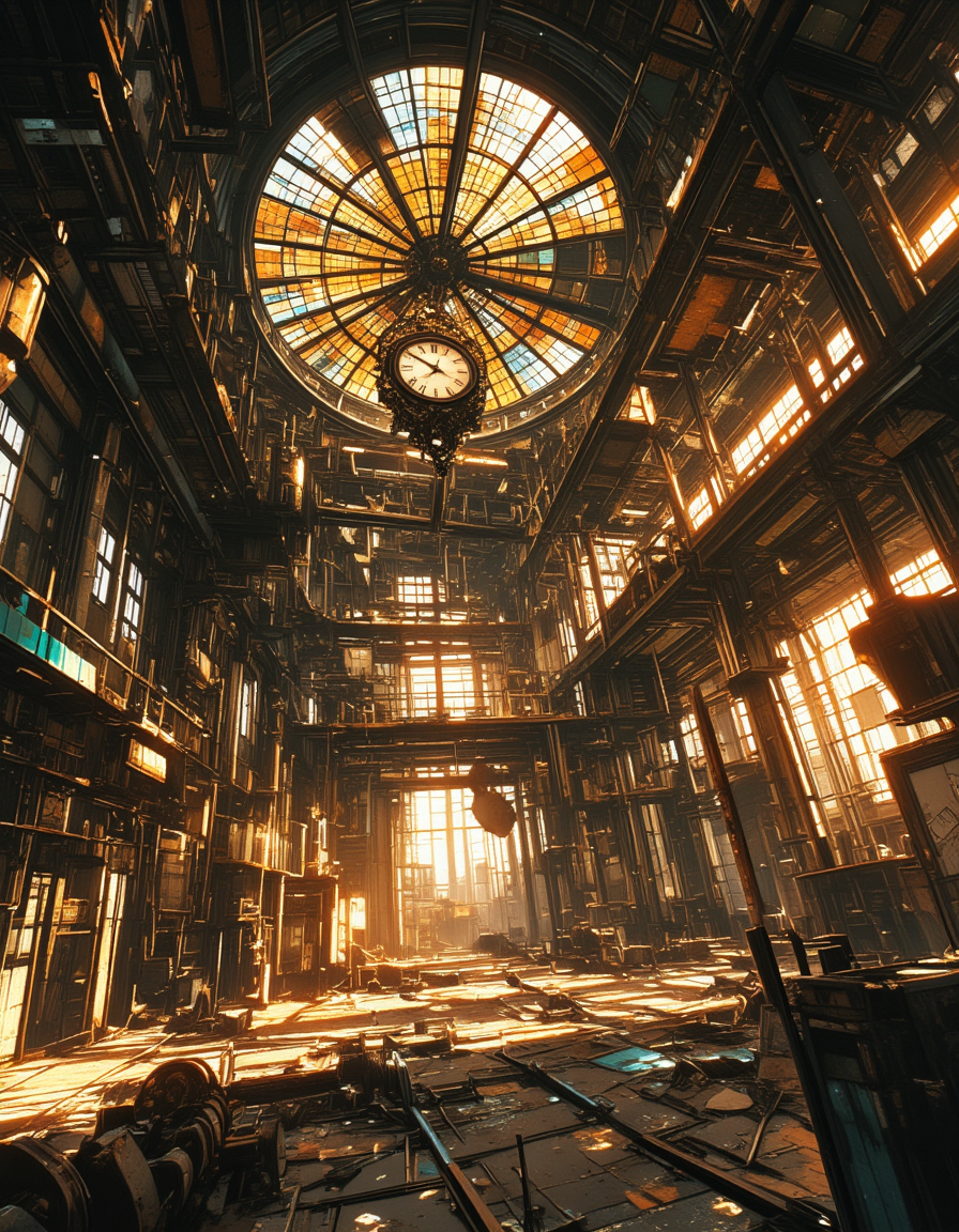 <lora:CW02_Lost_indusin:1> japanese animation style, cw02lost, indoors, abandoned, factory, industrial, broken machinery, pipes, rust, decay, grunge, metal, dust, derelict, structure, steel, ducts, graffiti, worn, ventilation, urban, corrosion, sunlight, broken ceiling, sunlight, sunset, wet, flooded, stained glass, dome, ornate, architecture, ceiling, art nouveau, golden, intricate, luxury, symmetry, historic, decorative, classic design, glasswork, grandeur, cathedral-like, craftsmanship, vintage, majestic. baroque, industrial, steampunk, vintage clock, ornate, roman numerals, wrought iron, station clock, hanging, antique,