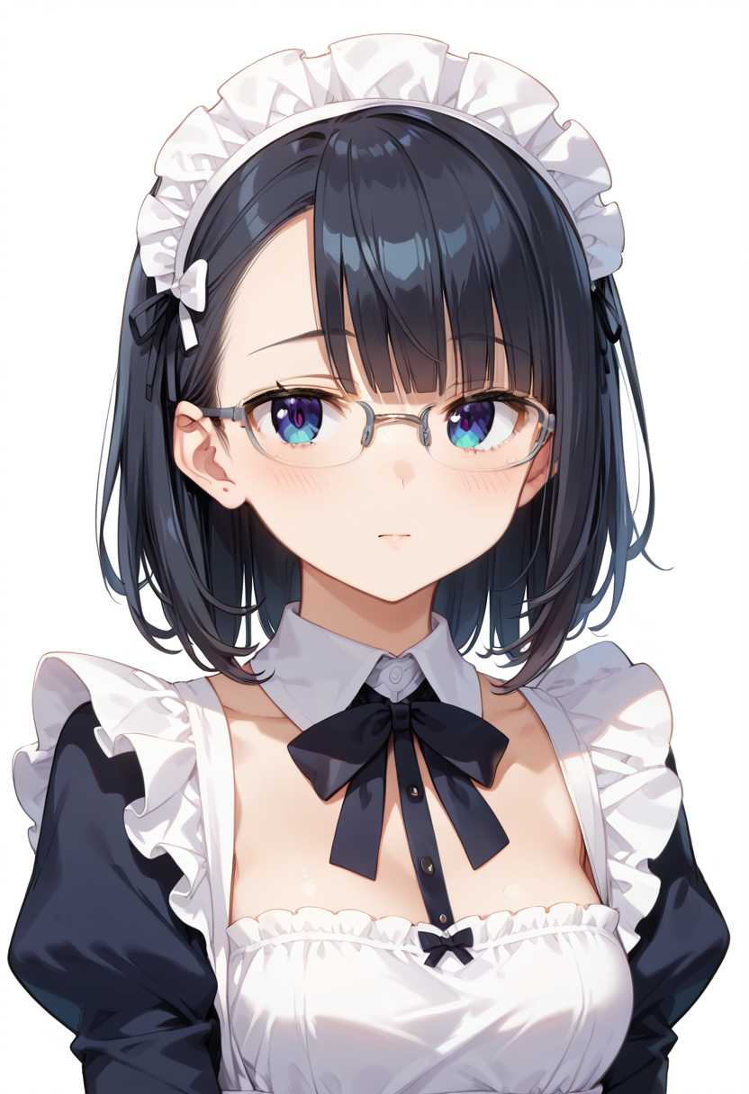 score_9, score_8_up, score_7_up, rating_safe, masterpiece, best quality, absurdres, unity 8k wallpaper, official art, official style, source_anime, uncensored, game cg, megami magazine,
1girl, solo, black hair, medium hair, upper body, covered eyes,maid, maid headdress, black dress, maid apron, face focus,
halfrim22A,  still life, white background, simple background, grey-framed eyewear,
 <lora:glasses_halfrim22A_PONY_V1:1>