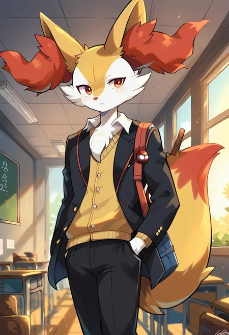 score_9, score_8_up, score_7_up, rating_safe, anthro, 1boy solo, furry, Braixen_(Pokemon), no humans, Yellow-White Fur, school uniform, gakuran, hand in pocket, pants, black pants, long sleeves, jacket, headphones,Braixen_\(Pokemon\), Yellow-White Fur,Two-Tone Fur,Crimson Eyes,Black furred legs,pointy ears,Red Ear Fluff,Red Tipped Tail, male school uniform,AddXL,ITMStyle, dynamic background, detailed background, school bag, indoors, school desk, classroom, carrying guitar case,