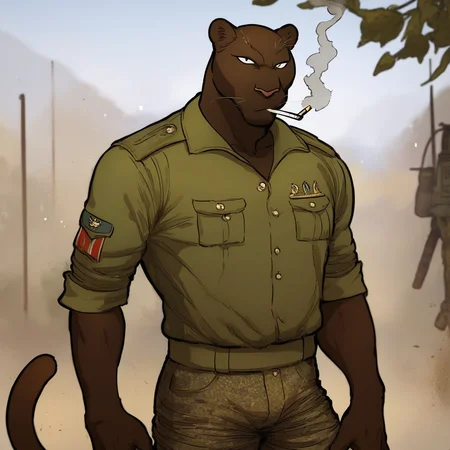 score_9_up, score_8_up, score_7_up, Masterpiece, best quality, high quality, detailed, male, solo male, 1boy, Coal Gadot, anthro, panther, mature male, animal ears, dark brown body, athletic build, black eyes, muscular male, outdoors, looking at viewer, standing, smoking a cigarette, light green shirt, military, army, camo pants, half body