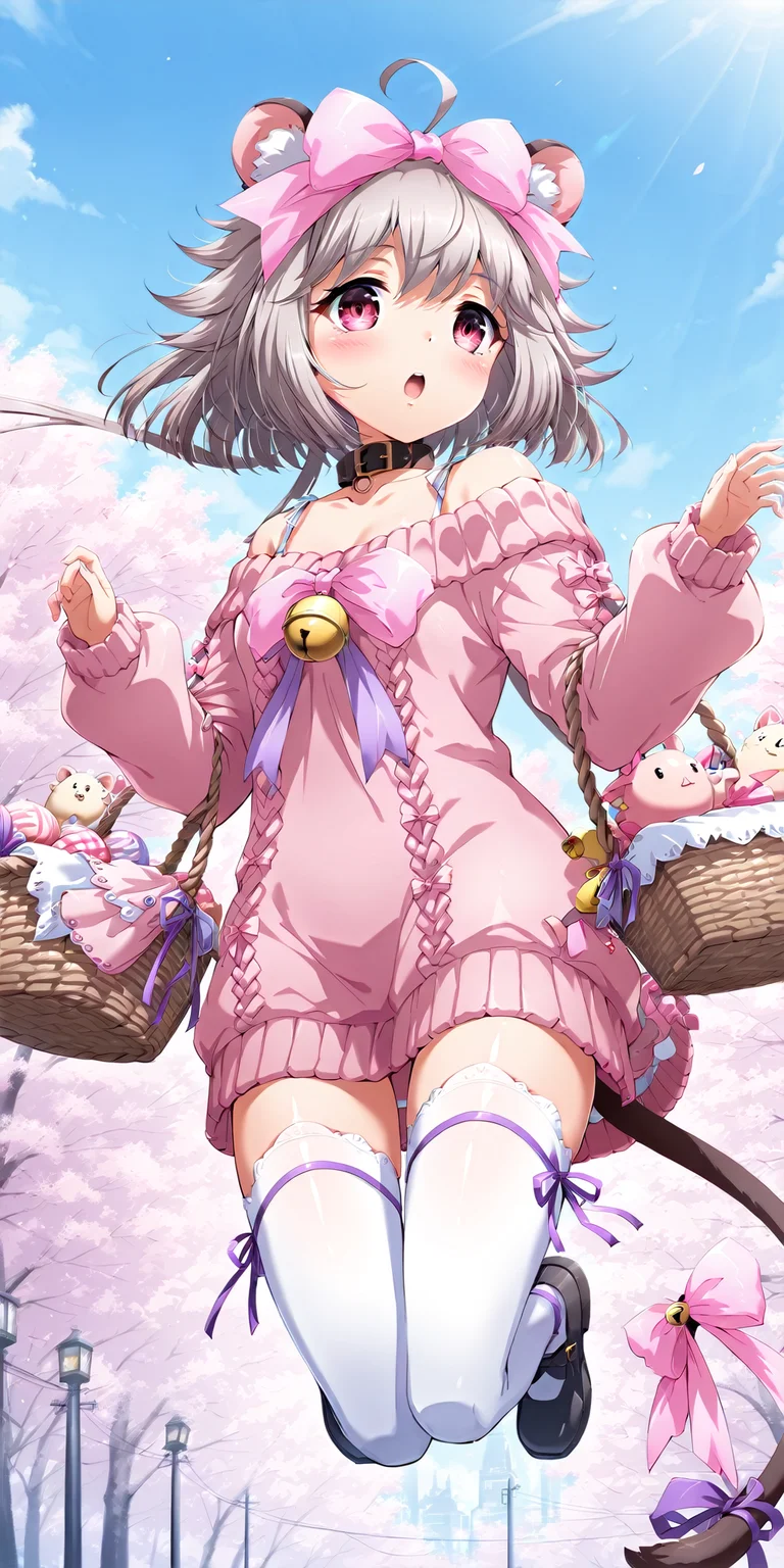 score_9,score_8,masterpiece,outdoors,1girl,solo,jumping,
<lora:Licorice - Langrisser-illustrious v1.0:1>,Outfit_Levitating Basket,white thighhighs,long sleeves,pink bow,purple ribbon,animal ears,tail,ahoge,hair bow,collar,sweater,white thighhighs,bell,pink bow,tail ornament,tail bow,