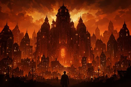 This beautiful artwork by artist "Kamui" showcases a dystopian cityscape at dusk, with a dominant, fiery orange sky. The city's towering, dark buildings, featuring intricate, almost steampunk-inspired designs, dominate the scene. In the foreground, a lone figure, likely male, stands in silhouette against the glowing backdrop. The composition uses the rule of thirds, with the city's central structures in sharp focus, while the background remains slightly blurred. The lighting is artificial, emanating from numerous windows and streetlights, casting a moody, orange glow over the entire scene.