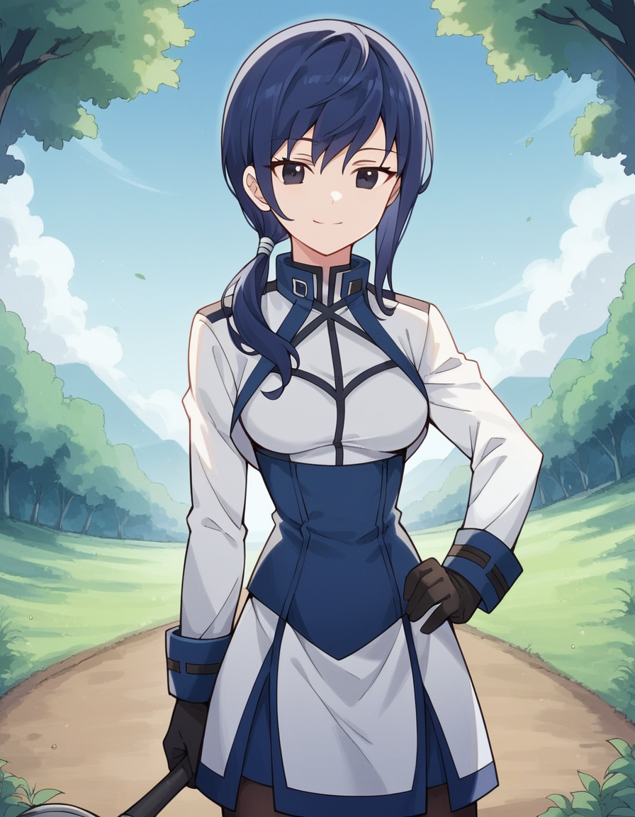 score_9, score_8_up, score_7_up, source_anime, <lora:grimgar-merry-s1-ponyxl-lora-nochekaiser:1>, merry, short hair, blue hair, black eyes, ponytail, low ponytail, side locks, medium breasts, gloves, pantyhose, uniform, long sleeves, white uniform, blue uniform,, bike ride, countryside, dirt road, trees, afternoon sun, peaceful, alone, smile, looking at viewer, smug, hand on hips,, solo,, cowboy shot, dutch angle