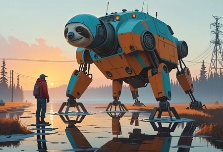 Cinematic, shot.
Dynamic view of an ancient goofy 12m tall disturbing (smiling) Sloth-shaped robot (and a man in front of it) in Simon Stalenhag's style from a futuristic era, at dusk hour with very long and realistic projected shadows, detailed frame, painting looks to be life like, on the ground, magical multicolored ink, high quality, imagination, fantasy art, vivid magical colors.
The shot takes place near an highway.
The robot is trying to cross an iced lake walking on four legs.
Many details everywhere. Ray-Tracing. Anti-Aliasing. Realistic reflections. Realistic soft shadows.
Slightly desaturated colors.
Insane quality. Insane resolution. Insane details. Masterpiece.
16k resolution
By Simon Stalenhag.