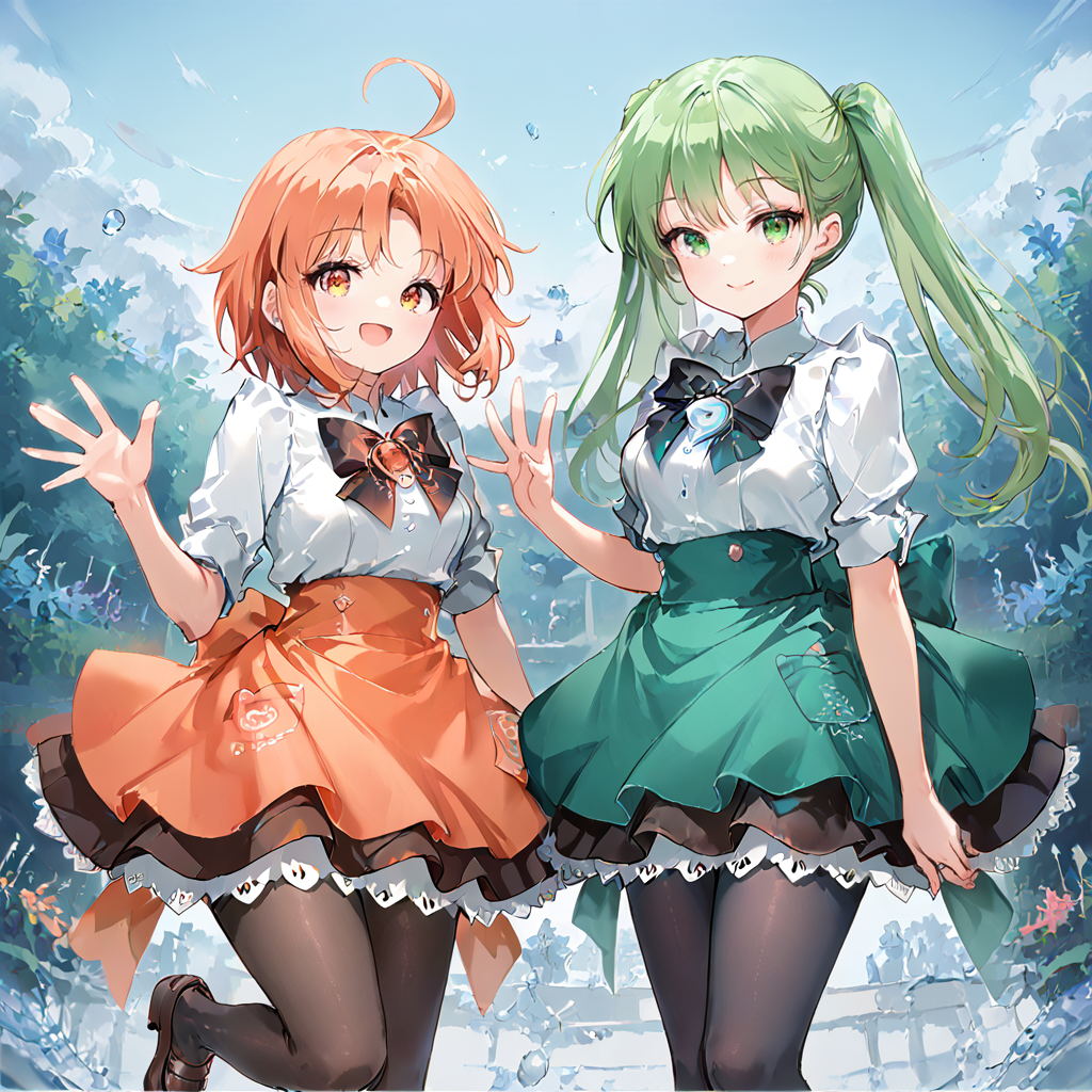 score_9, score_8_up, score_7_up, masterpiece, 2girls, waving, smile,  outdoors, looking at viewer, 
BREAK hibiki, orange hair, short hair, orange eyes, maid uniform, white shirt, orange skirt, black pantyhose, ahoge, 
BREAK chikagi, green hair, long hair, twintails, black pantyhose, maid uniform, white shirt, green skirt, closed mouth <lora:Hibiki_and_Chikagi_v2:0.7>