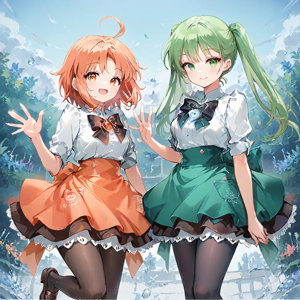 score_9, score_8_up, score_7_up, masterpiece, 2girls, waving, smile, outdoors, looking at viewer,
BREAK hibiki, orange hair, short hair, orange eyes, maid uniform, white shirt, orange skirt, black pantyhose, ahoge,
BREAK chikagi, green hair, long hair, twintails, black pantyhose, maid uniform, white shirt, green skirt, closed mouth <lora:Hibiki_and_Chikagi_v2:0.7>