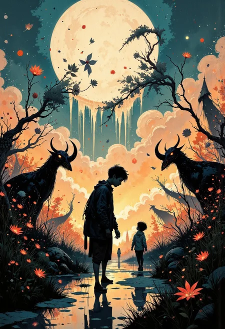 Create a beautifully detailed sketch capturing a fantastical world infused with nostalgia and shadowy intrigue. The style features clean, confident outlines with soft watercolor washes, balancing warmth and accessibility with intricate detail. The palette contrasts muted tones—warm ochres, soft reds, creamy whites—with stark, inky blacks, creating a dramatic interplay of light and shadow that evokes both innocence and mystery. The atmosphere blends vintage children’s book charm with an eerie undertone, as if balanced between reality and a shadowy dreamscape.
Characters should have naturalistic proportions and subtle expressiveness, their features gently exaggerated to reflect curiosity, resilience, or vulnerability. Dynamic shadow puppet figures may emerge in the background, their silhouettes adding to the narrative and reinforcing the duality of light and shadow. The focus will be on a specific subject—Crossing a field bathed in pale moonlight, Henry walks among shadowy flowers swaying rhythmically, their faintly glowing petals casting soft reflections on the ground. The eerie stillness is broken only by a quiet, haunting melody that seems to come from nowhere—carefully integrated into the scene. The composition is grounded yet surreal, seamlessly merging whimsical simplicity with haunting, thought-provoking detail to invite wonder and introspection.