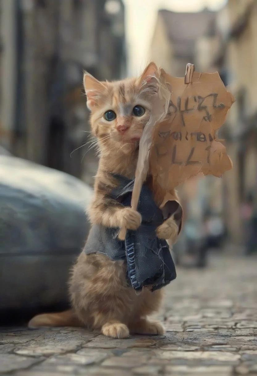 A kitten holding a sign with text "buzz or tuna, plzzz?" <lora:buzz-text:1>