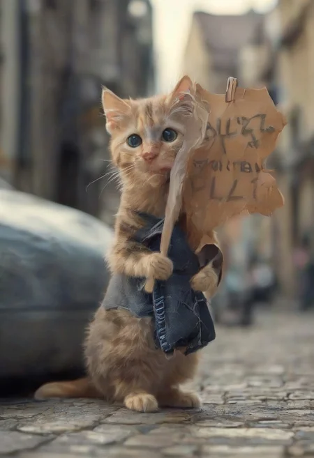 A kitten holding a sign with text "buzz or tuna, plzzz?" <lora:buzz-text:1>