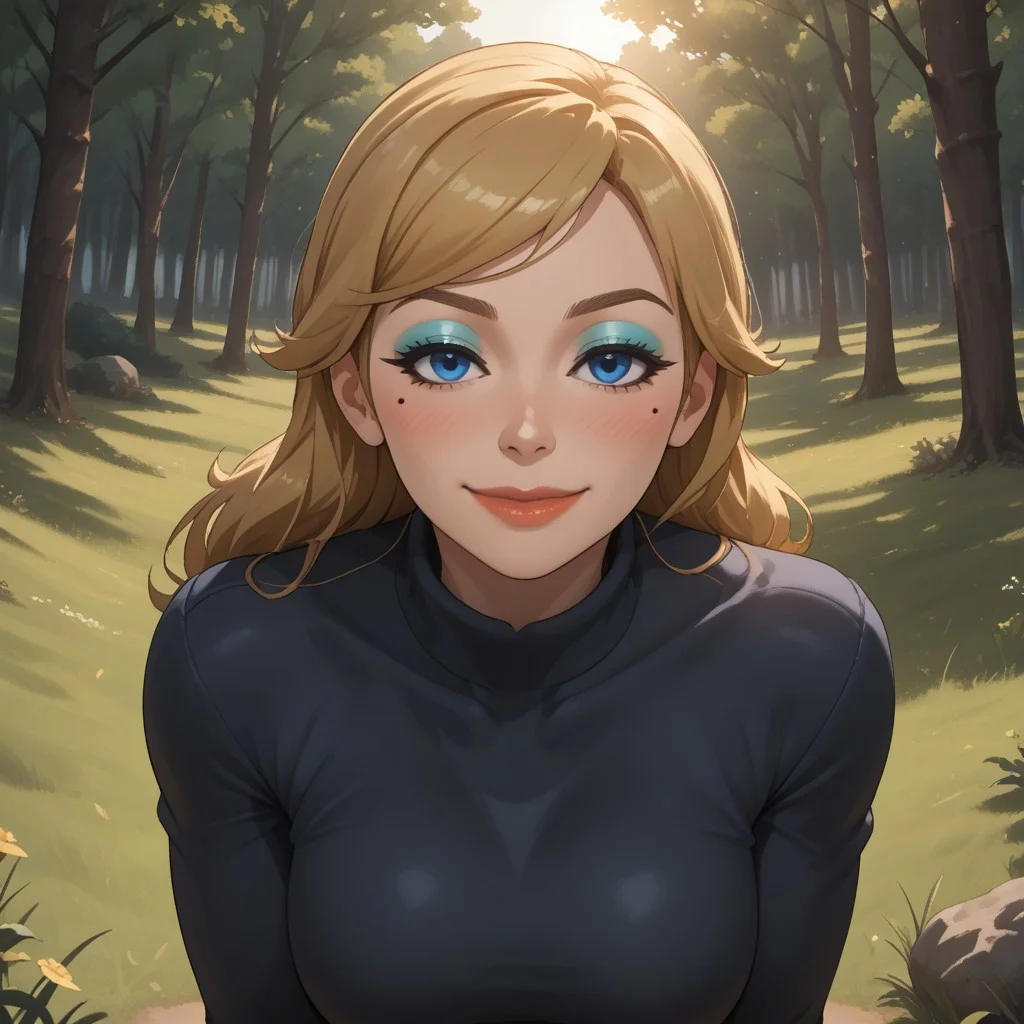 score_9, score_8, BREAK, solo, wii, mii, wii sports, 1girl, female mii, blonde hair, makeup, blush, blue eyeshadow, blue eyes, mole under eye, lips, black clothing, shoes, big breasts, white pants, Alisha_(Wii_Sports), nintendo mii, modern_mii, classic_mii, cute, sexy pose, smile, outdoors, sunlight, shadows, evening lighting, natural lighting, forest, trees, grass, orange sky, sunset